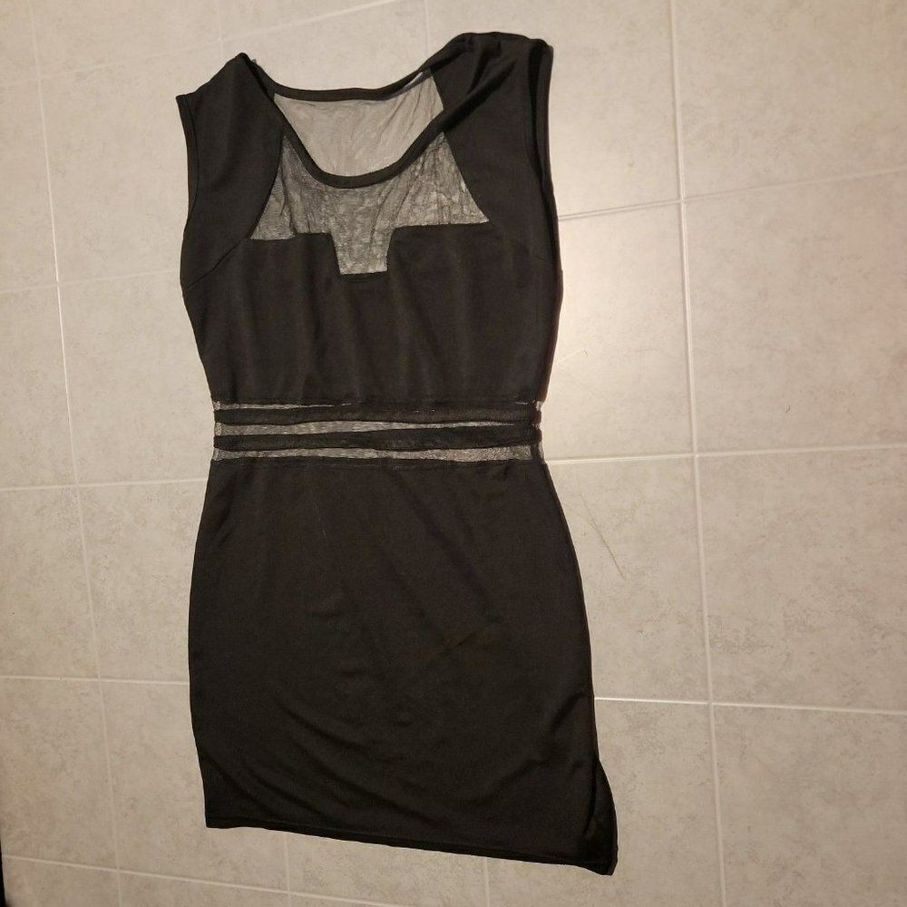 Womens Black Sleeveless Scoop Neck Cocktail Pullover Sheer Mini Dress Size Small